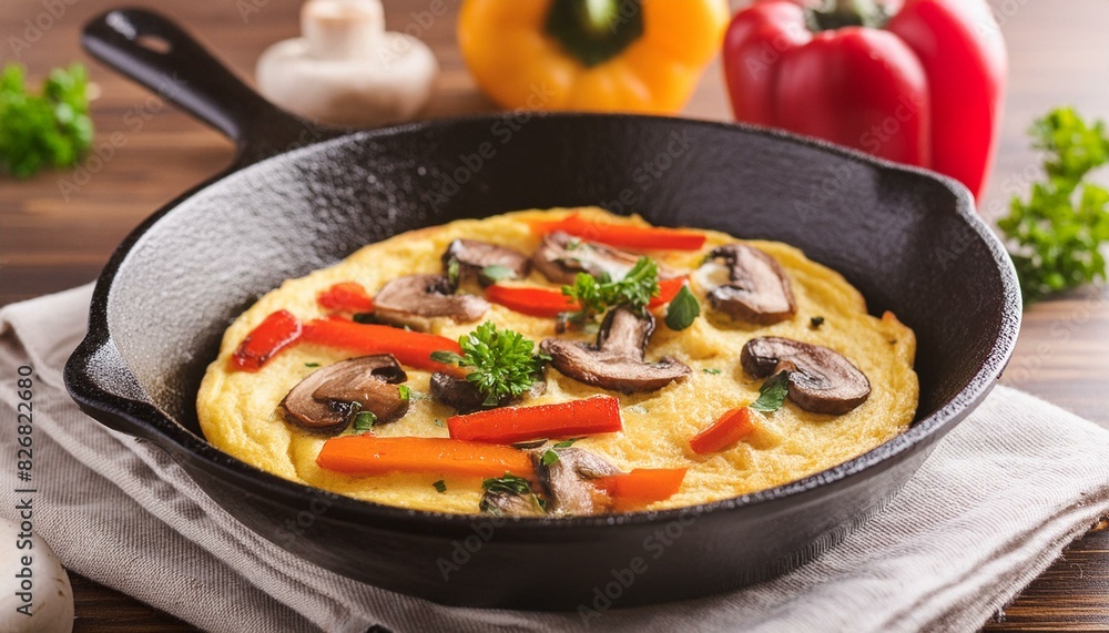 omelette with mushrooms and peppers in a cast iron skillet; cooking at home
omelette with mushrooms and peppers in a cast iron skillet; cooking at home