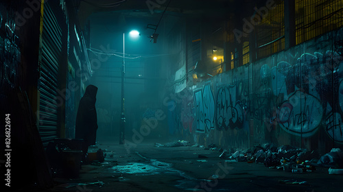 Dark Urban Alleyway at Night with Mysterious Hooded Figure, Flickering Streetlamp, and Eerie Atmosphere of Suspense and Danger