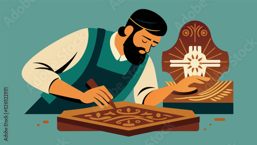 Using ageold techniques passed down through generations the craftsman adds intricate details to a wooden plaque bearing the words of a powerful. Vector illustration