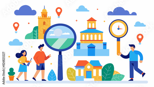 Local businesses band together to sponsor a community scavenger hunt with clues leading participants to important landmarks and historical sites.. Vector illustration