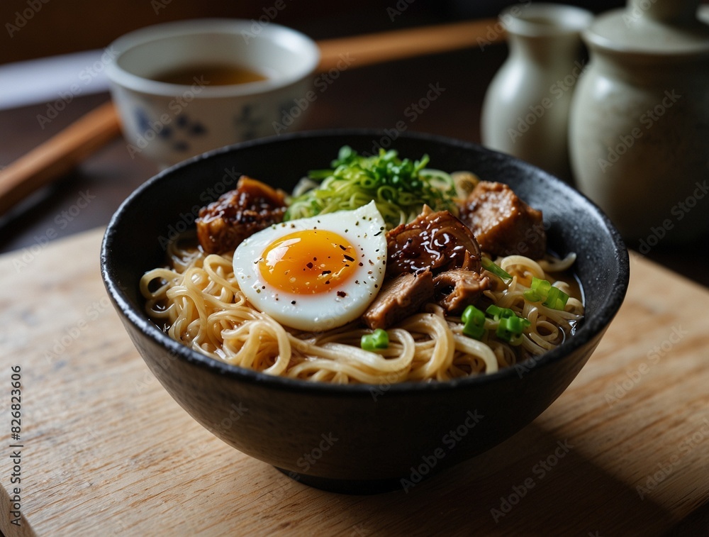 A bowl of ramen with rich broth, noodles, boiled egg, scallions and bamboo shoots:
The broth is made with pork bones, kombu seaweed, dried mushrooms and spices such as ginger and garlic. It was boiled A bowl of ramen with rich broth, noodles, boiled egg, scallions and bamboo shoots:
The broth is made with pork bones, kombu seaweed, dried mushrooms and spices such as ginger and garlic. It was boiled