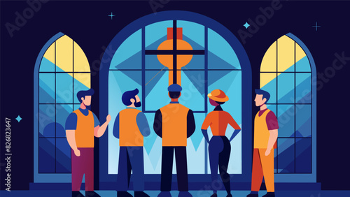 A proud group of workers standing in front of the fully installed and illuminated stained glass window admiring their hard work and proud of the. Vector illustration