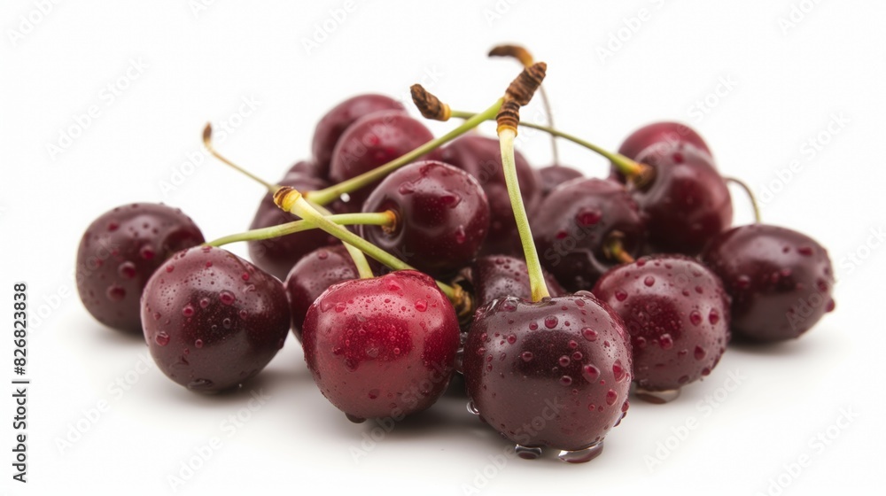 Bunch of dark red cherries with water droplets perfectly centered on a white background in a close-up Bunch of dark red cherries with water droplets perfectly centered on a white background in a close-up