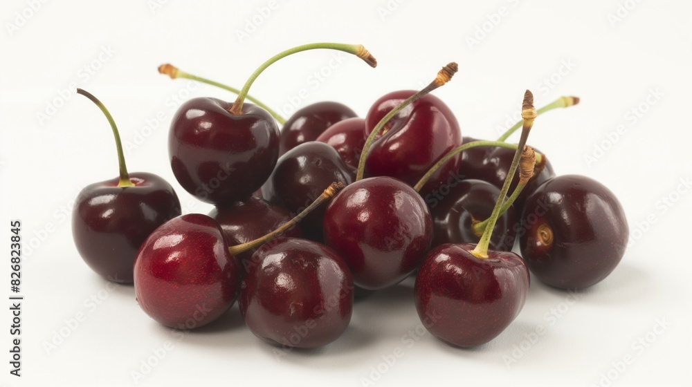 Bunch of fresh dark red cherries with stems on a white background in a detailed close-up shot Bunch of fresh dark red cherries with stems on a white background in a detailed close-up shot
