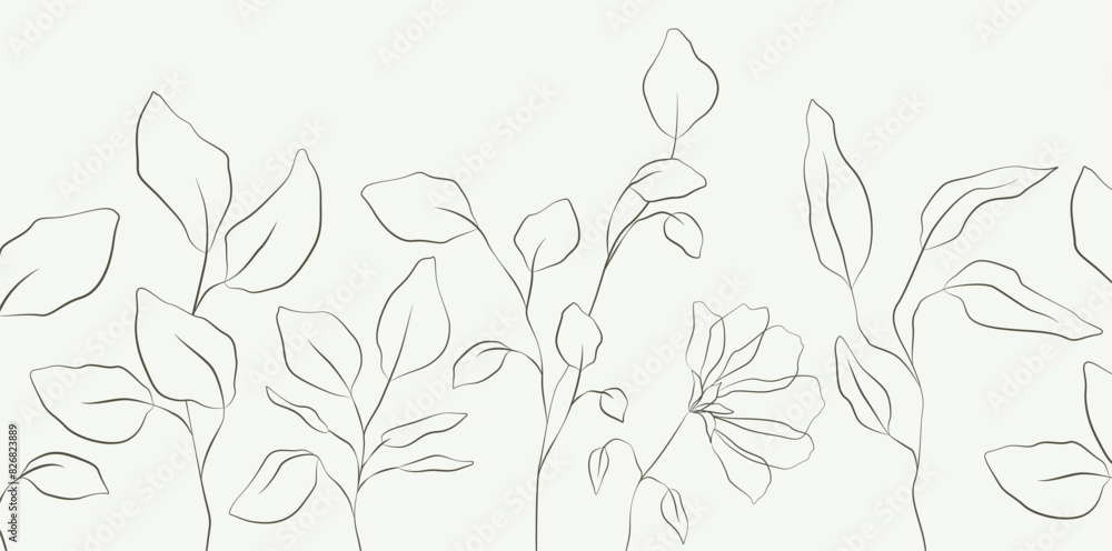 Botanical art background with hand drawn leaves and flowers in line art style. Vector floral pattern for design of print, textile, wallpaper, invitation, cover, interior design.