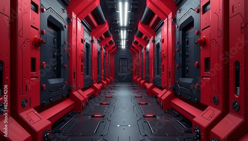 corridor with red and black metal walls and floor