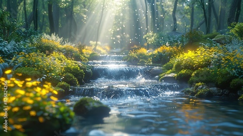 cinematic and photorealistic shot of a stream in the forest at night  glowing moss and magical plants light the scene and faint mystical blue god rays fill the distance  mist and mystery