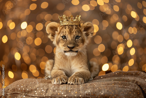 A small lion cub proudly wears a shiny gold crown on its head photo