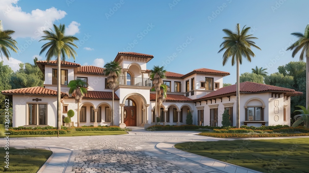 : A luxurious suburban estate with a Mediterranean design, featuring terracotta roof tiles and arched doorways. The front yard is landscaped with palm trees and a cobblestone driveway. : A luxurious suburban estate with a Mediterranean design, featuring terracotta roof tiles and arched doorways. The front yard is landscaped with palm trees and a cobblestone driveway.