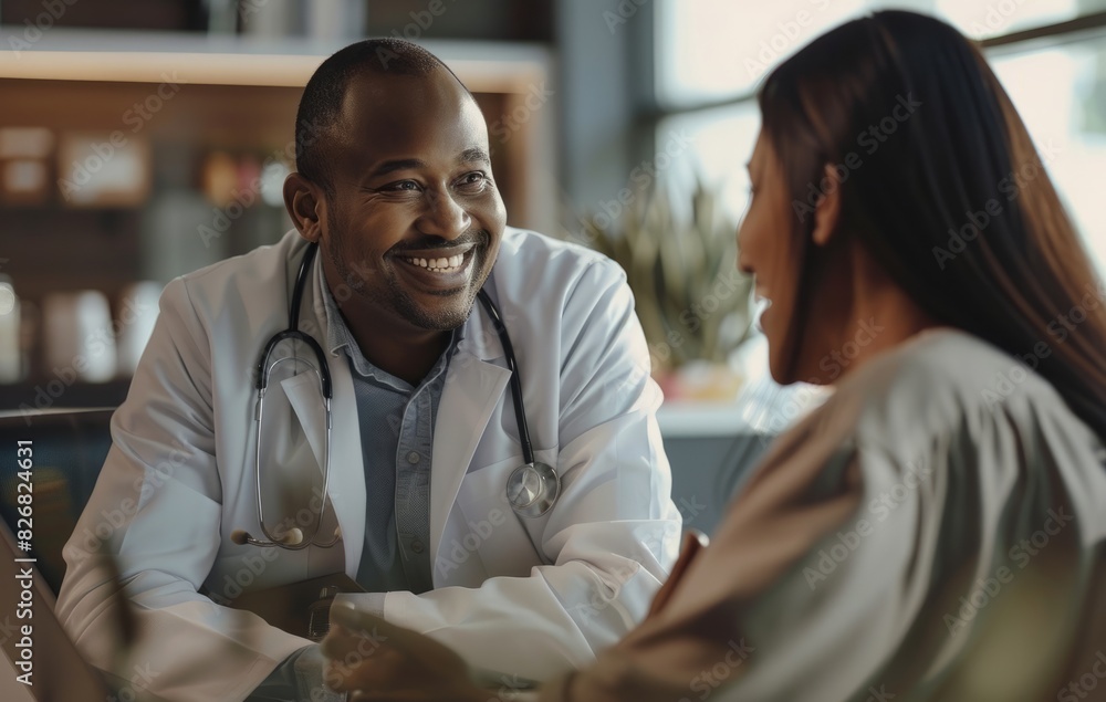 Fototapeta premium A smiling doctor in a white coat sat at a desk and listened to the patient's woman in the office talk about her physical pain