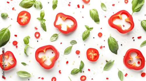 Isolated white background with red sweet bell pepper slices and basil leaves