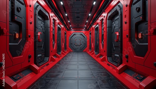 corridor with red and black metal walls and floor