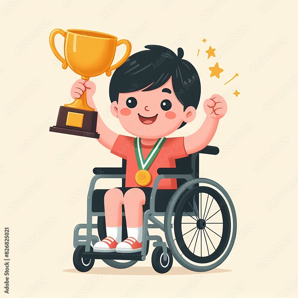 Happy Child in Wheelchair Celebrating Victory Happy Child in Wheelchair Celebrating Victory