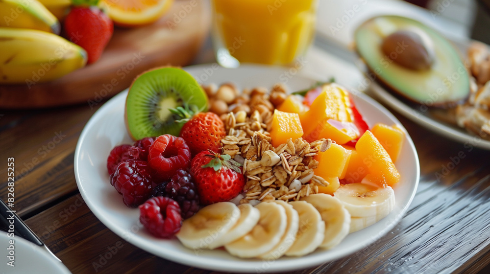 rich and beautiful breakfast brunch with fresh fruits berries banana strawberry blueberry raspberry kiwi granola with rolled oat yogurt and orange juice on a wooden table rich and beautiful breakfast brunch with fresh fruits berries banana strawberry blueberry raspberry kiwi granola with rolled oat yogurt and orange juice on a wooden table