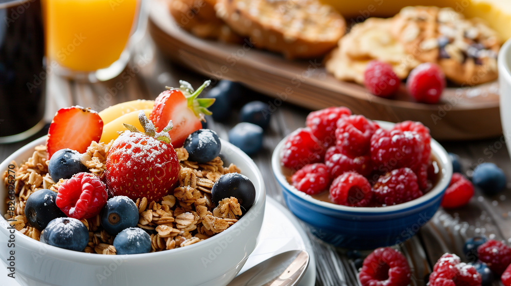 rich and beautiful breakfast brunch with fresh fruits berries banana strawberry blueberry raspberry kiwi granola with rolled oat yogurt and orange juice on a wooden table rich and beautiful breakfast brunch with fresh fruits berries banana strawberry blueberry raspberry kiwi granola with rolled oat yogurt and orange juice on a wooden table