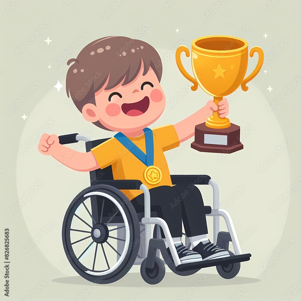 Happy Child in Wheelchair Celebrating Victory Happy Child in Wheelchair Celebrating Victory