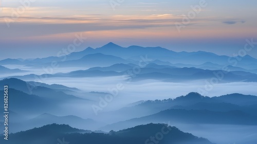 The image shows a beautiful mountain landscape with a sea of clouds below
