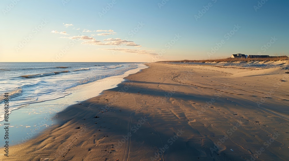 Amazing sea view with blue sky and white clouds, and beach with yellow sand and soft waves.
