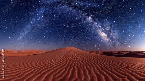 Amazing view of the night sky full of stars in the middle of the desert with red sand.