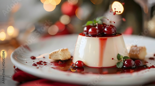 panna cotta dessert with berry compot and shortbread at party photo