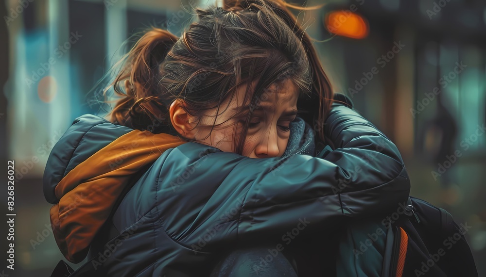 parent giving their child a reassuring hug before they enter the school parent giving their child a reassuring hug before they enter the school