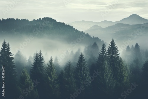 Foggy mountain landscape with forest