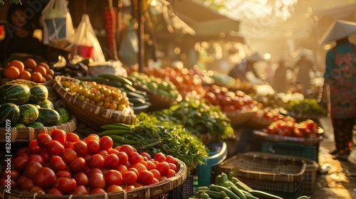 Sunlit farmers market featuring fresh, locally sourced produce and food products photo