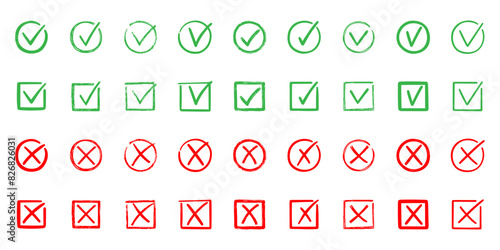 Check marks doodle set. Checkbox, checklist, tick and cross signs, v and x in sketch style. Hand drawn vector illustration isolated on white background