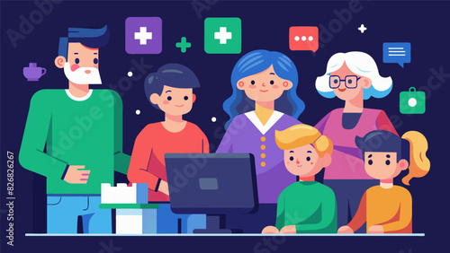A multigenerational family connects and bonds over a digital escape room game working together to solve puzzles and escape the virtual room before. Vector illustration