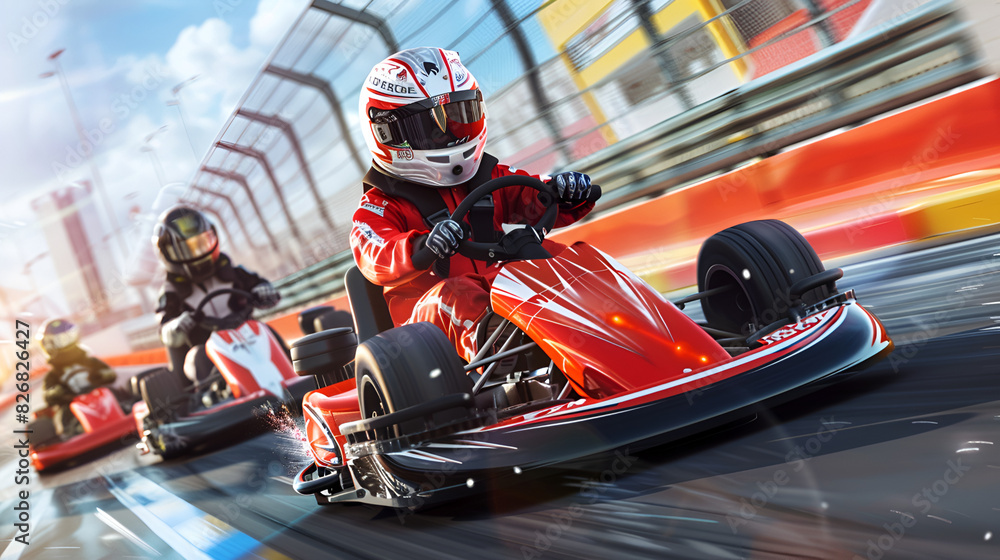 Racer in red speeds on an indoor gokart track time attack racing suit go kart racer on isolated background
