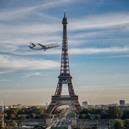 Eiffel Tower with flying airplane