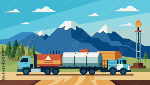 Large trucks transporting equipment and supplies to the drilling site highlighting the logistical challenges of tapping into geothermal energy.. Vector illustration