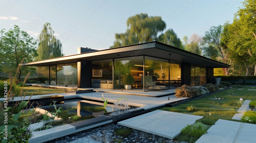 : A sleek, urban suburban home with a flat roof and large glass panels, surrounded by a modern, minimalist garden. The front yard includes a water feature and a small patio area. : A sleek, urban suburban home with a flat roof and large glass panels, surrounded by a modern, minimalist garden. The front yard includes a water feature and a small patio area.