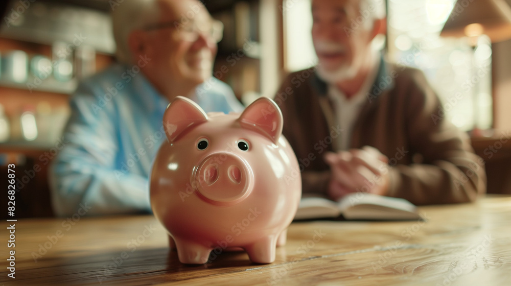 piggy bank in front of old people piggy bank in front of old people