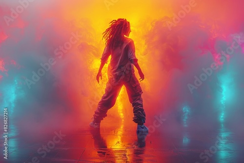 Energetic dancer in vibrant spotlight on smokefilled stage, creating dynamic atmosphere