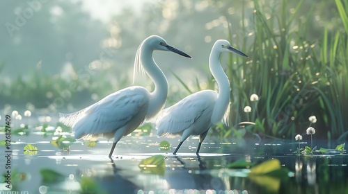 Egrets wading in a wetland photo