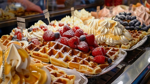 Belgian waffles with various sweet toppings for sale, Brussels, Belgium