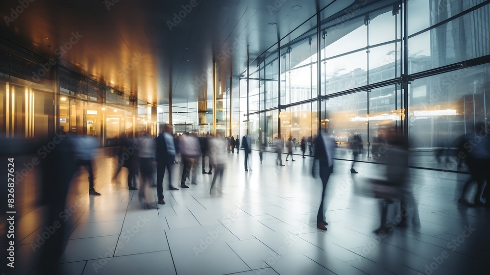 Blurred image of business people walking in the lobby of a modern office. Blurred image of business people walking in the lobby of a modern office.