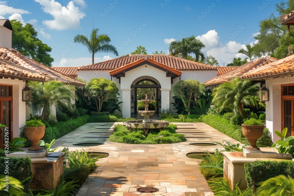 Fototapeta premium : A luxurious suburban home with a Mediterranean design, terracotta roof, and a courtyard with a decorative fountain and lush greenery.