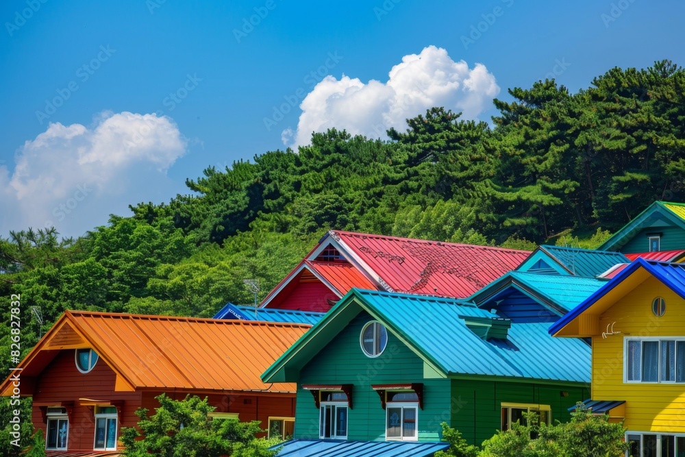 Colorful houses with trees and green grass in the foreground