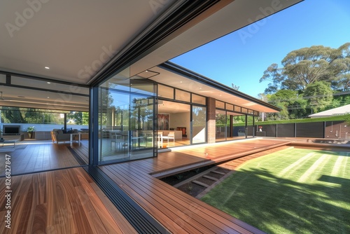 : A modern suburban house with a cantilevered design, featuring a large wooden deck and floor-to-ceiling windows offering a panoramic view of the landscaped backyard.
