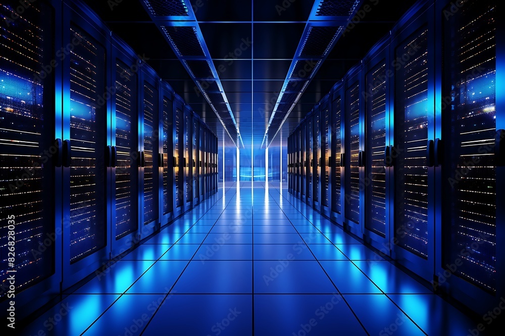 Fototapeta premium Data center with multiple rows of fully operational server racks living room.