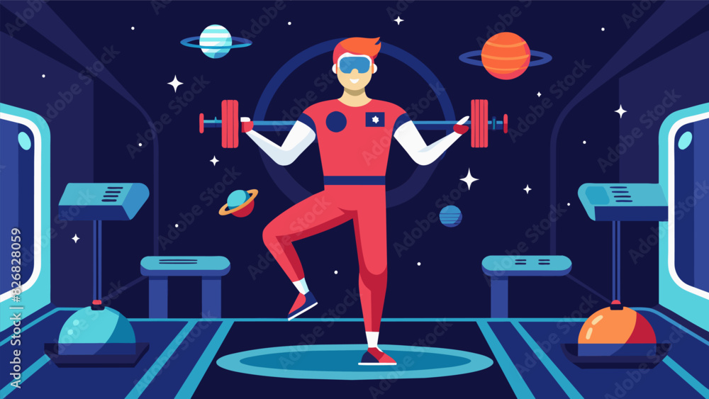 Naklejka premium Train like an astronaut in a virtual space station with zerogravity simulations and resistance training to improve strength and balance.. Vector illustration