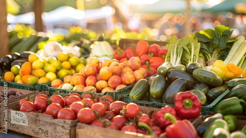 Vibrant sunlit farmers market offering an array of fresh, locally sourced produce