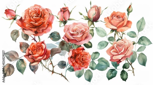 A delicate watercolor painting of blooming roses with green leaves isolated on a white background.