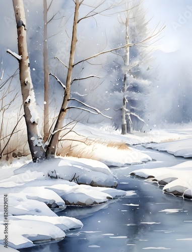  Winter River Landscape Watercolor Art  © PikGrand
