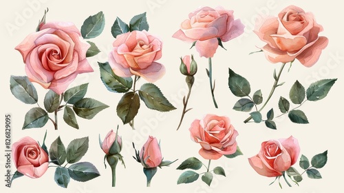 A collection of delicate pink roses and leaves  perfect for floral designs.