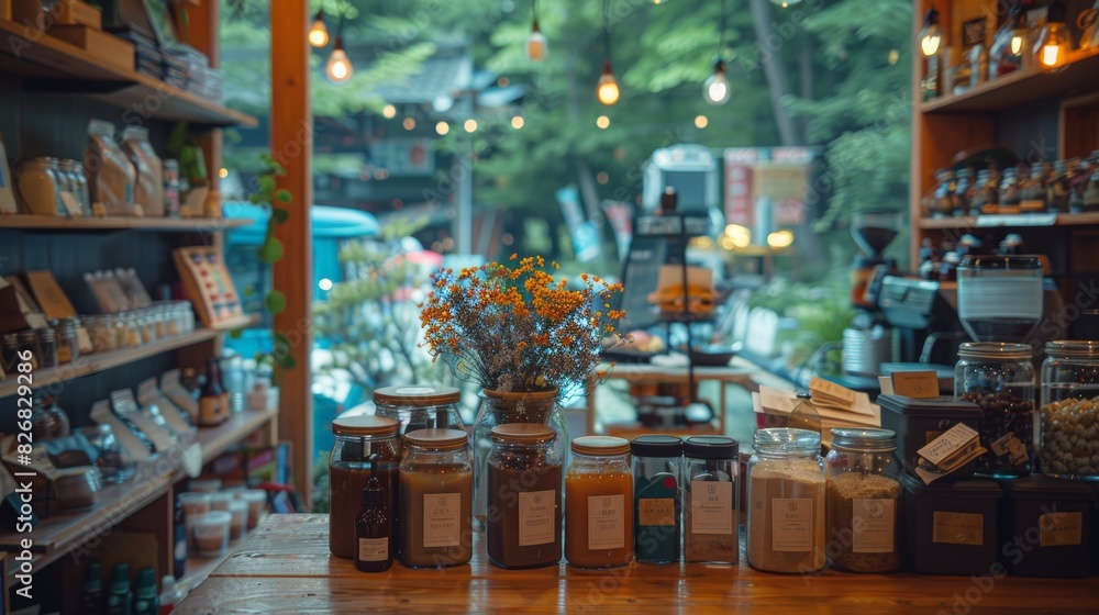 A charming and eclectic interior of a cozy shop showcasing a variety of jars and products on wooden shelves with a beautiful bouquet of flowers, glowing hanging lights, and a view of greenery outside