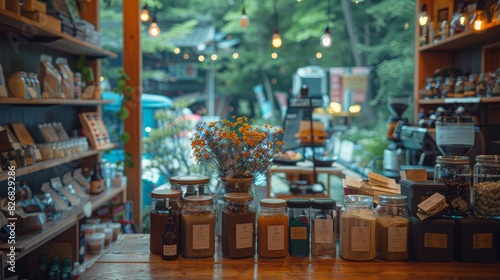 A charming and eclectic interior of a cozy shop showcasing a variety of jars and products on wooden shelves with a beautiful bouquet of flowers, glowing hanging lights, and a view of greenery outside