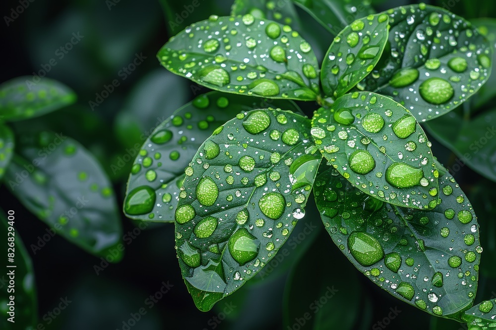 A close-up photograph of lush green leaves covered in water droplets, showcasing the intricate details and freshness of plant life after a recent rain A close-up photograph of lush green leaves covered in water droplets, showcasing the intricate details and freshness of plant life after a recent rain